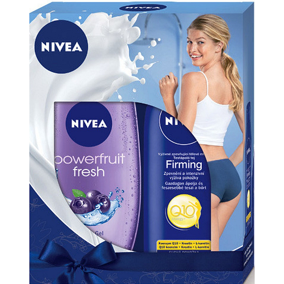 Nivea Powerfruit Frisches erfrischendes Duschgel 250 ml + Q10 Plus Straffende pflegende straffende Körperlotion für trockene Haut 250 ml, für Frauen Kosmetikset