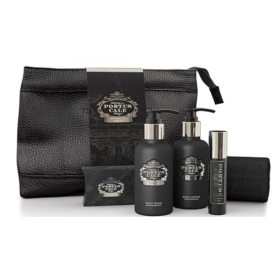 Castelbel Black Edition Duschgel 100 ml + Eau de Toilette 10 ml + Körperlotion 100 ml + Toilettenseife 40 g + Handtuch 30 x 32 cm + wiederverschließbarer Bezug, Reisekosmetikset für Männer
