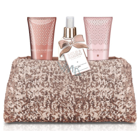 Baylis & Harding Jojoba-, Seiden- und Mandelöl-Duschgel 100 ml + Hand- und Körperlotion 100 ml + Körperspray 100 ml + pinke Paillettenhandtasche, Kosmetikset