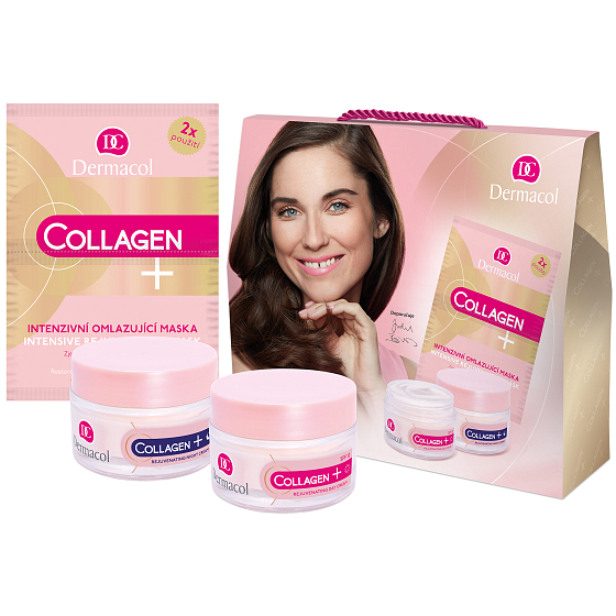 Dermacol Collagen + Verjüngende SPF10 Intensiv verjüngende Tagescreme 50 ml + Kollagen + Verjüngende Nachtcreme 50 ml + Kollagen + Intensiv Verjüngende Gesichtsmaske 2 x 8 g, Kosmetikset