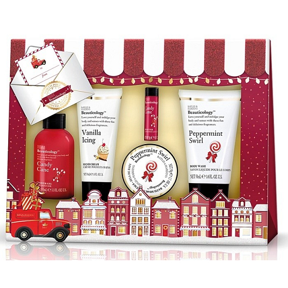 Baylis & Harding Red Collection Pfefferminzwirbel-Flüssigseife 50 ml + Süßes Duschgel 60 ml + Vanille-Handcreme 30 ml + Pfefferminzwirbel-Badekristalle 70 g + Süßer Lippenbalsam 5 g, Kosmetikset