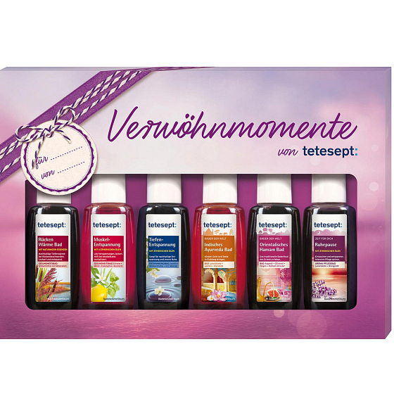 Tetesept Rücken-Muskel-Wärme + Indisches Ayurveda-Bad + Intensiv-Entspannung + Orientalisches Hammam-Bad + Glücksmomente + Entspannungs-Badekonzentrat 6 x 20 ml, Bade-Set