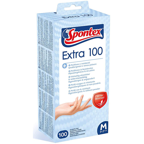 Spontex Extra 100 Einweghandschuhe, hypoallergen, puderfrei, Vinyl, Größe M, Schachtel mit 100 Stück