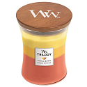 WoodWick Trilogy Tropical Sunrise Duftkerze mit Holzdocht und Glasdeckel Medium 275 g