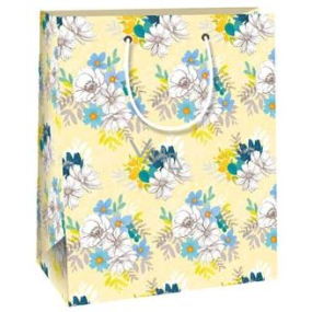 Ditipo Geschenkpapiertüte 18 x 10 x 22,7 cm gelbe, weiß-blaue QC-Blumen
