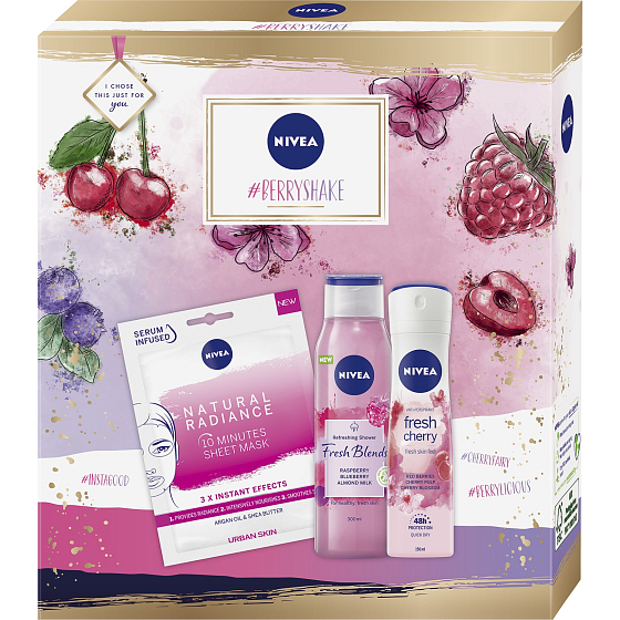 Nivea Berry Shake Antitranspirant Deodorant Spray 150 ml + Duschgel 300 ml + Gesichtsmaske 1 Stück, Kosmetikset für Frauen