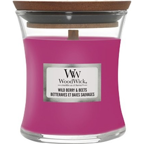 WoodWick Wild Berry & Beets Duftkerze mit Holzdocht und Deckel Glas klein 85 g