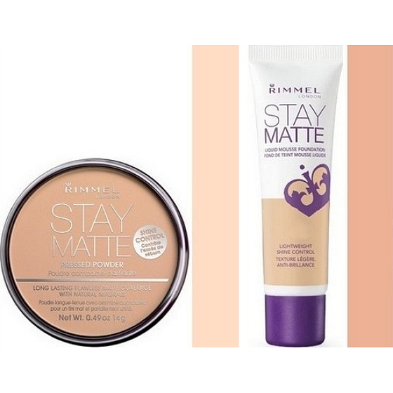 Rimmel London Stay Matte Puder 003 Pfirsichglühen 14 g + Stay Matte Liquid Mousse Make-up 103 True Ivory 30 ml