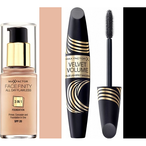 Max Factor Facefinity den ganzen Tag Makelloses 3in1 Make-up 50 Natural 30 ml + Samtvolumen Falsche Wimperneffekt Mascara Schwarz 13,1 ml