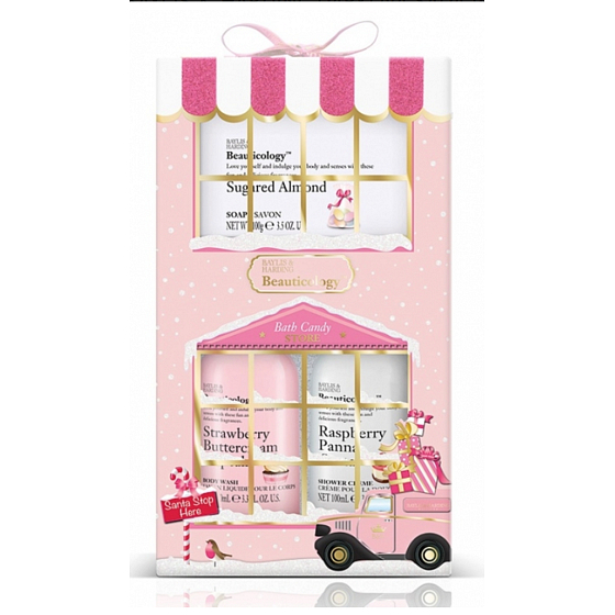 Baylis & Harding Strawberry Cupcake Flüssige Körperseife 100 ml + Himbeer-Panna-Cotta-Duschcreme 100 ml + Zucker-Mandel-Seife 100 g Pink Collection Kosmetisches Körperpflegeset