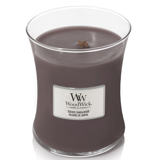 WoodWick Suede & Sandalwood - Duftkerze aus Wildleder-Sandelholz mit Docht aus Holz und Deckel Glas Medium 275 g