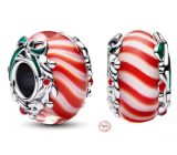 Charm Sterlingové stříbro 925 Sladké Vánoce – Červeno-bílý přívěsek se stuhou, korálek na náramek vánoce
