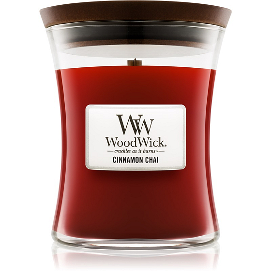WoodWick Cinnamon Chai - Zimt- und Vanille-Duftkerze mit Holzdocht und Deckelglas klein 85 g