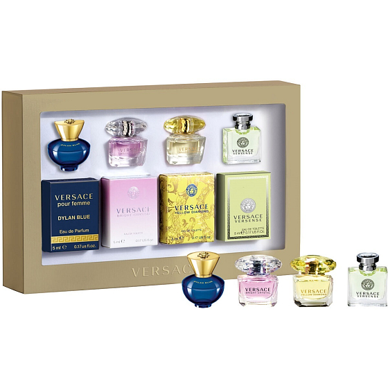 Versace Versense Eau de Toilette 5 ml + Yellow Diamond Eau de Toilette 5 ml + Bright Crystal Eau de Toilette 5 ml + Dylan Blue Eau de Parfum 5 ml, Mini-Geschenkset für Frauen