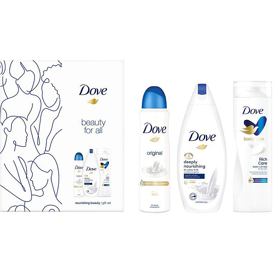 Dove Beauty For All Deeply Nourishing Shower Gel 250 ml + Rich Care Body Lotion 250 ml + Original Antitranspirant Spray 150 ml, Kosmetikset