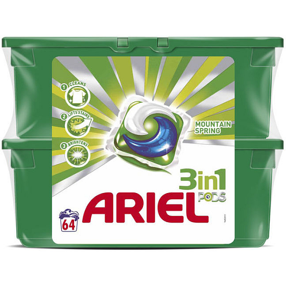 Ariel 3in1 Mountain Spring Gelkapseln zum Waschen von Kleidung 2 x 32 Stück