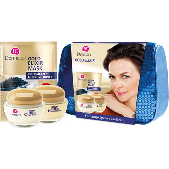 Dermacol Gold Elixir Verjüngende Kaviar-Tagescreme 50 ml + Nachtcreme 50 ml + Gesichtsmaske mit Kaviarextrakt 16 ml + Beutel 1 Stück, Kosmetikset
