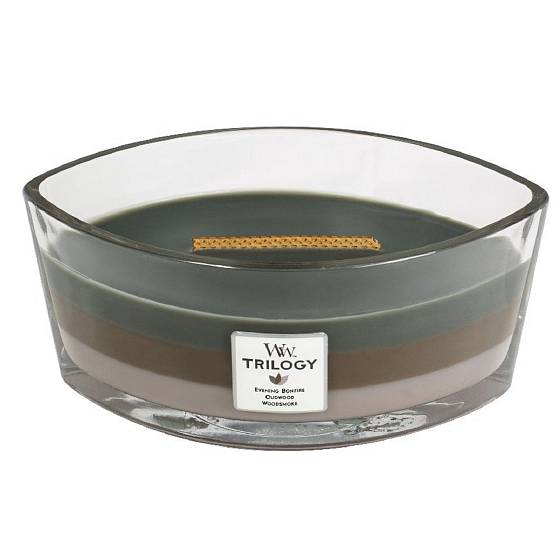 WoodWick Trilogy Cosy Cabin - Gemütliche Duftkerze aus Blockhaus mit breitem Holzdocht und Glasbootsdeckel 453 g