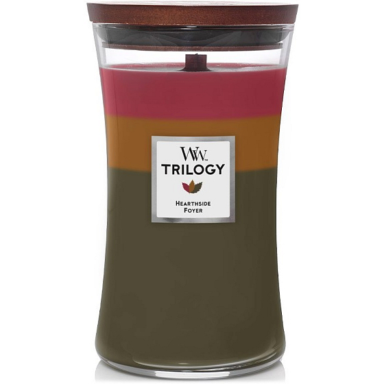 WoodWick Trilogy Hearthside Foyer - Sitting by the fireplace Duftkerze mit Holzdocht und Deckelglas groß 609,5 g