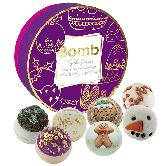 Bomb Cosmetics Weihnachtsferien Mix aus Weihnachtsbutter Badekugeln 7 x 30 g, Kosmetikset in einer Blechdose