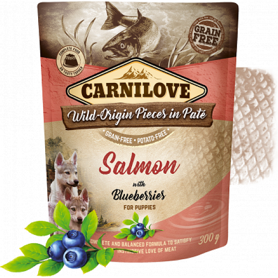Carnilove Hundebeutel Paté Lachs mit Blaubeeren in zelllosen Taschen für Welpen 300 g