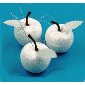 Weiße Äpfel mit Glitzer zum Aufhängen von 3 Stück in einer Tüte, 4 cm