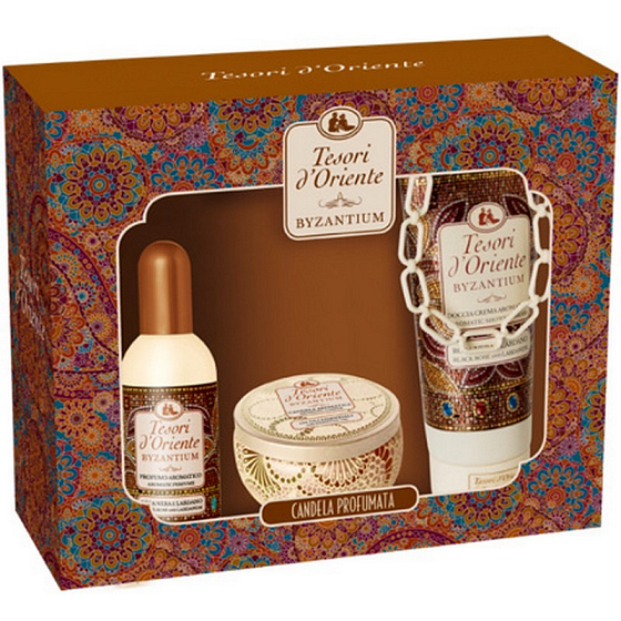 Tesori d Oriente Byzanz Eau de Toilette 100 ml + Duschgel 250 ml + orientalische Kerze 109 g, für Frauen Geschenkset