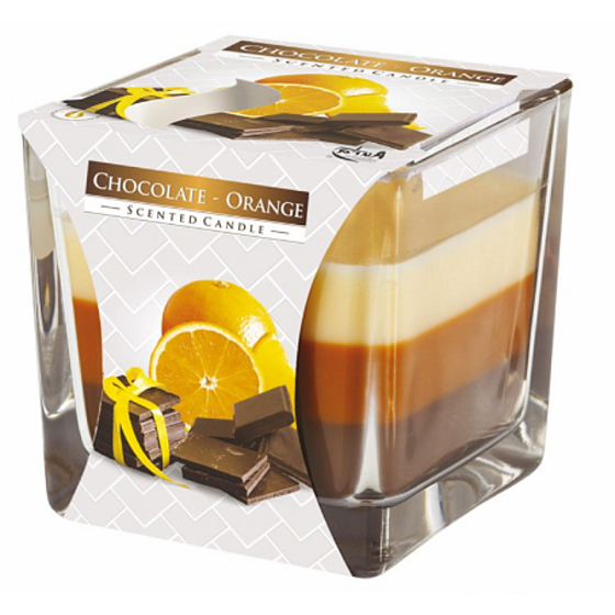 Emocio Chocolate & Orange - Dreifarbige Duftkerze Schokolade und Orange Glasprisma 80 x 80 mm, Brenndauer bis zu 32 Stunden