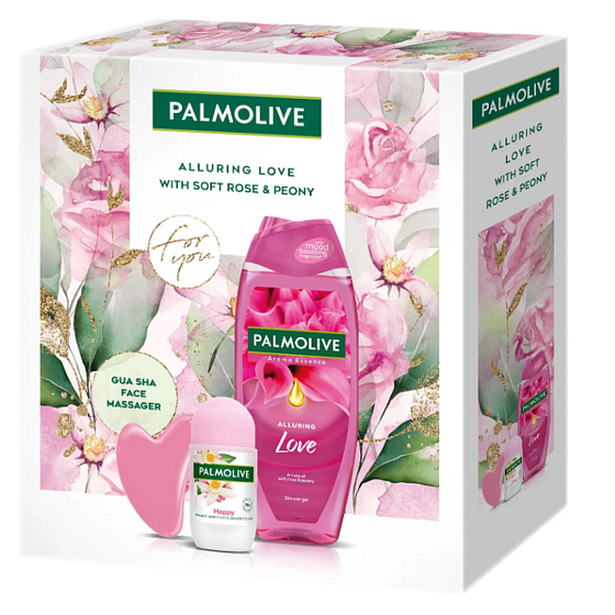 Palmolive Alluring Love Soft Rose & Peony Duschgel 500 ml + Happy Roll-on Antitranspirant 50 ml + Gua Sha Gesichtsmassagegerät, Kosmetikset für Frauen