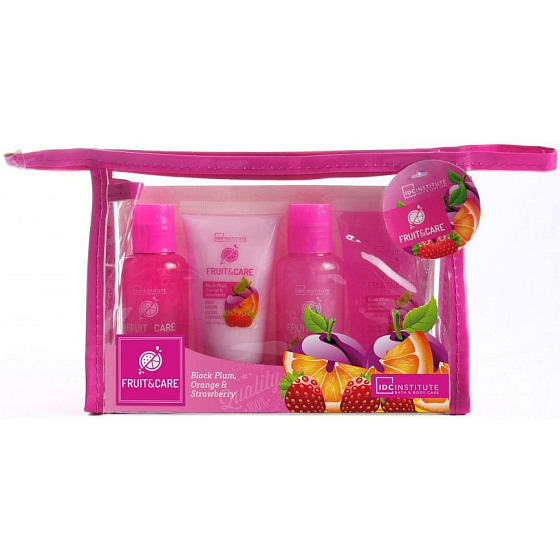 Idc Institute Fruit & Care Black Plum, Orange and Strawberry Reiseset Duschgel 70 ml + Shampoo 70 ml + Körperlotion 50 ml + Peeling 50 ml + Etui, Kosmetikset