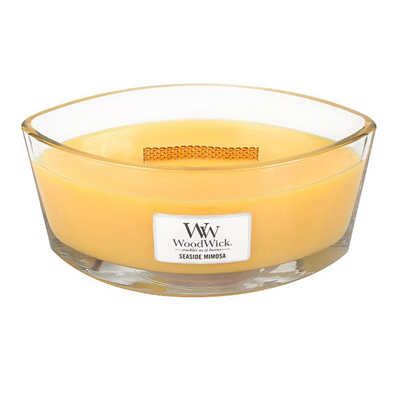 WoodWick Seaside Mimosa - Duftkerze Mimosa am Meer mit breitem Holzdocht und Deckel Glasboot 453 g
