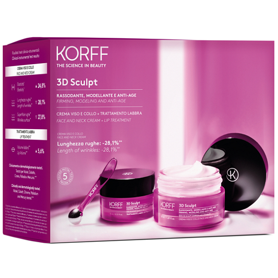Korff 3D Sculpt Anti-Falten Haut- und Halscreme 50 ml + Lippencreme 15 ml + Massageball, Kosmetikset für Frauen