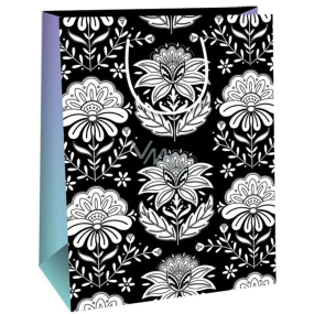 Ditipo Geschenkpapierbeutel 22 x 10 x 29 cm Kreativ Schwarz Weiß Blumen Grün Glitter