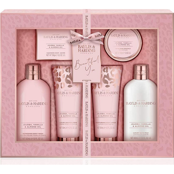 Baylis & Harding Jojoba-, Vanille- und Mandelöl-Reinigungsgel 300 ml + Bademilch 300 ml + Toilettenseife 150 g + Duschcreme 130 ml + Körperlotion 130 ml + Badesalz 100 g, Kosmetikset
