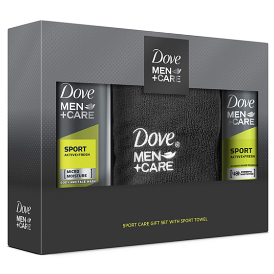 Dove Men + Care Sport Active + Frisches Duschgel 250 ml + Antitranspirant Deodorant Spray für Männer 150 ml + Handtuch, Kosmetikset