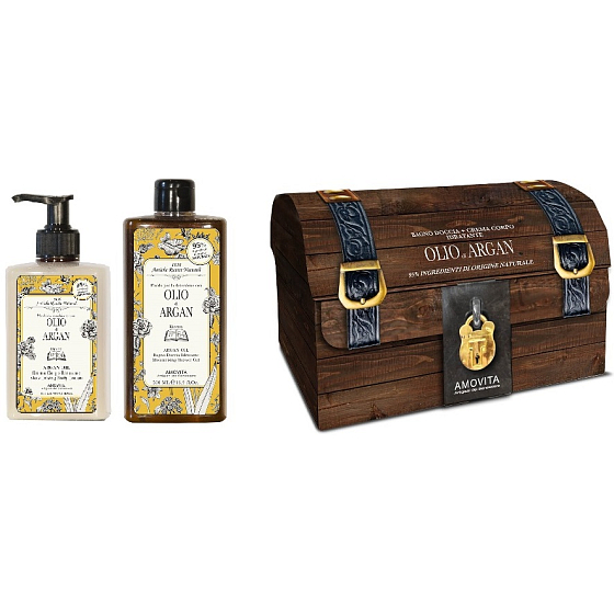 Amovita Olio di Argan Arganöl Körperlotion 300 ml + Duschgel 300 ml + Anhänger für Glück, Kosmetikset