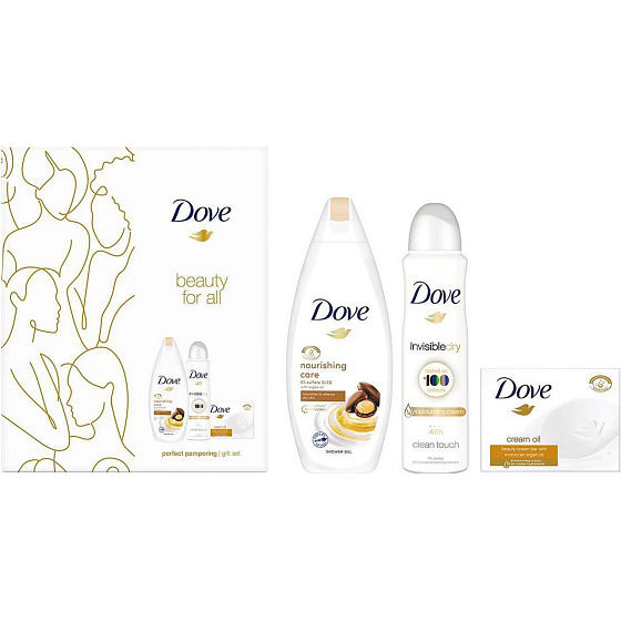 Dove Beauty For All Nourishing Care Duschgel 250 ml + Invisible Dry Antitranspirant Deospray 150 ml + Cremeöl Marokkanisches Arganöl Toilettenseife 100 g, Kosmetikset