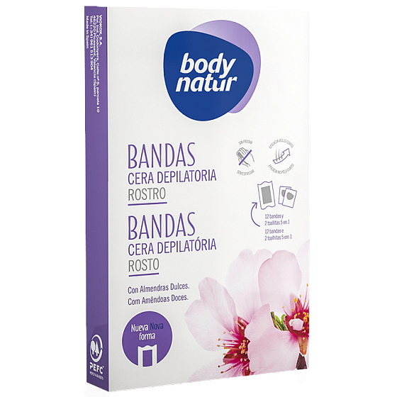 Body Natur Sweet Mandel Epilation Wax Gesichtsbänder für empfindliche Haut 12 Stück + Epilation Servietten 2 Stück