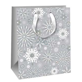 Ditipo Geschenk Papiertüte Glitter 26,4 x 13,6 x 32,7 cm graue Schneeflocken