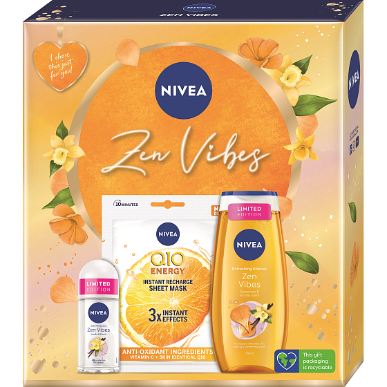 Nivea Zen Vibes Q10 Energy textile Gesichtsmaske 1 Stück + Zen Vibes Duschgel 250 ml + Zen Vibes Antitranspirant Roll-on 50 ml, Kosmetikset für Frauen