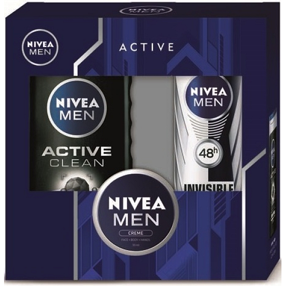 Nivea Men Active Clean 250 ml Duschgel + Antitranspirant-Spray Black & White Power 150 ml + Männercreme 30 ml, Kosmetikset