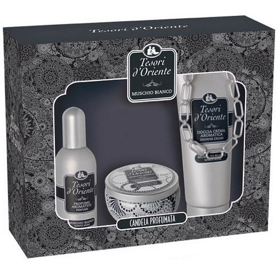 Tesori d Oriente Muschio Bianco Eau de Toilette 100 ml + Duschgel 250 ml + orientalische Kerze 109 g, für Frauen Geschenkset