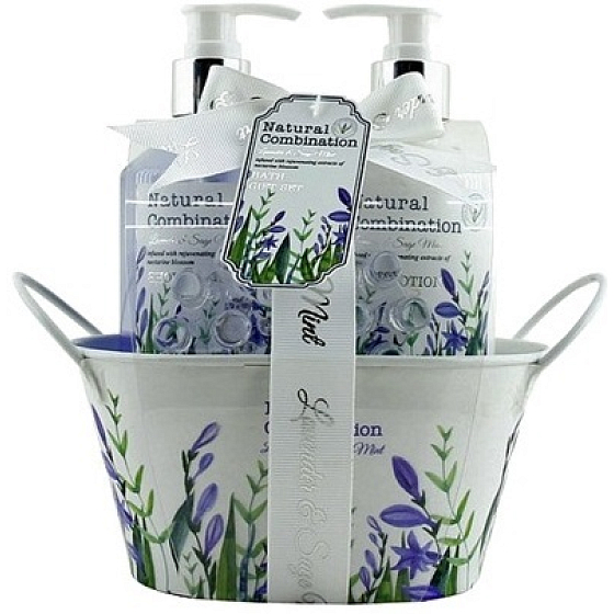 Salsa Collection Duschgel aus Lavendel, Salbei und Minze 250 ml + Badeschaum 250 ml + Toilettenseife 100 g, Kosmetikset in einem Metalltopf