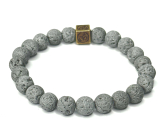 Lava grau versilbert mit königlichem Mantra Om, Armband elastischer Naturstein, Kugel 8 mm / 16-17 cm, geboren aus den vier Elementen