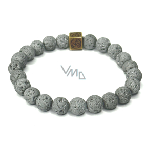 Lava grau versilbert mit königlichem Mantra Om, Armband elastischer Naturstein, Kugel 8 mm / 16-17 cm, geboren aus den vier Elementen