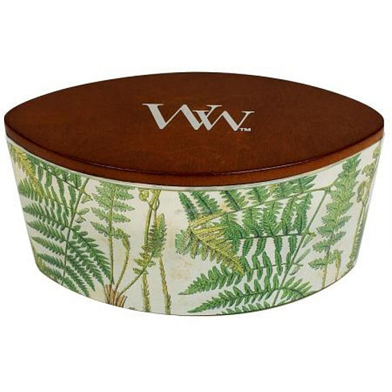 WoodWick Decal Fern - Farnduftkerze mit breitem Holzdocht und Glasbootsdeckel 453 g