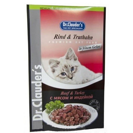 Dr. Clauders Rind und Truthahn in Soße, vollständiges Futter mit Fleischstücken für Katzen, Beutel 100 g