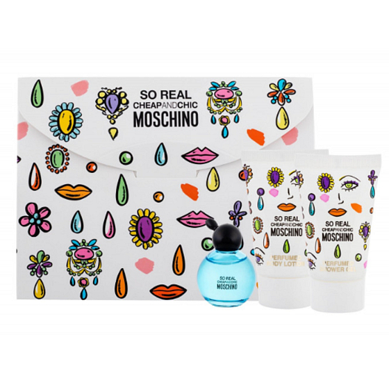 Moschino So Real Günstige und schicke Eau de Toilette für Frauen 4,9 ml + Duschgel 25 ml + Körperlotion 25 ml, Geschenkset