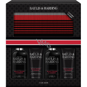 Baylis & Harding Men Black Pepper and Ginseng Reinigungsgel für Körper und Haare 300 ml + Duschgel 300 ml + After Shave Balm 130 ml + Gesichtsreinigungsgel 130 ml + Schal, Kosmetikset