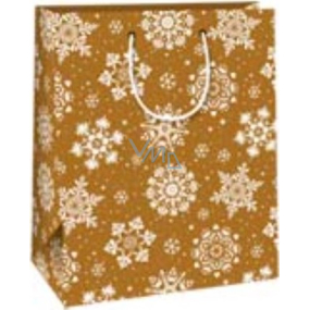 Ditipo Geschenkpapiertüte 26,4 x 13,6 x 32,7 cm Weihnachtsgold - weiße Schneeflocken